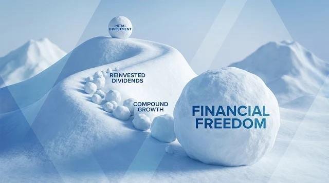 Compounding: initial investment, reinvested dividends, compound growth, financial freedom